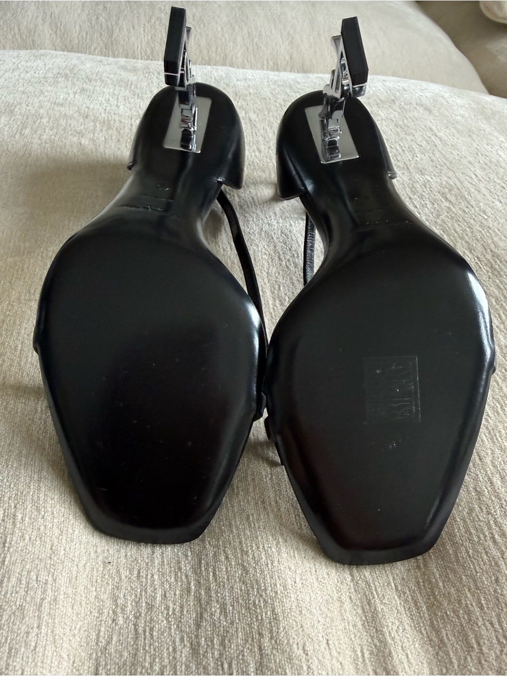 Saint Laurent Black Leather Sandals with Silver YSL Logo Heels - Picture 3 of 8